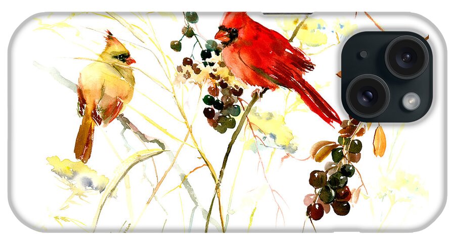 Cardinal Bird iPhone Case featuring the painting Cardinal Birds and Berries by Suren Nersisyan