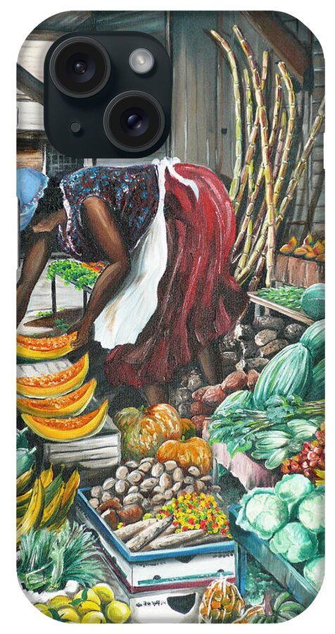  Caribbean Painting Market Vendor Painting Caribbean Market Painting Fruit Painting Vegetable Painting Woman Painting Tropical Painting City Scape Trinidad And Tobago Painting Typical Roadside Market Vendor In Trinidad iPhone Case featuring the painting Caribbean Market Day by Karin Dawn Kelshall- Best