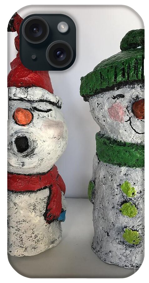 Snowman iPhone Case featuring the sculpture Caroling Snowmen by Vickie Scarlett-Fisher
