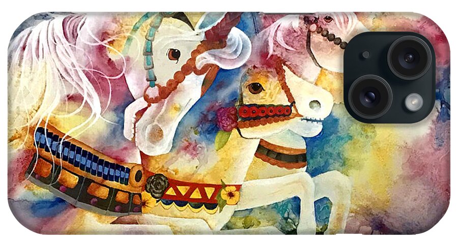 Watercolor iPhone Case featuring the painting Carousel Horses by Gerry Delongchamp