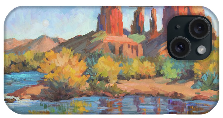 Cathedral Rock iPhone Case featuring the painting Moonrise Cathedral Rock Sedona by Diane McClary