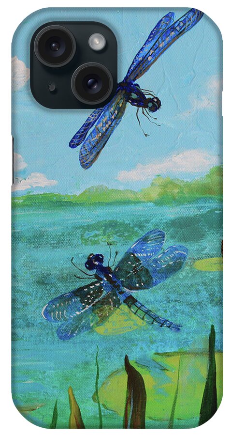 Cattails And Dragonflies By Robin Maria Pedrero Art iPhone Case featuring the painting Cattails and Dragonflies by Robin Pedrero