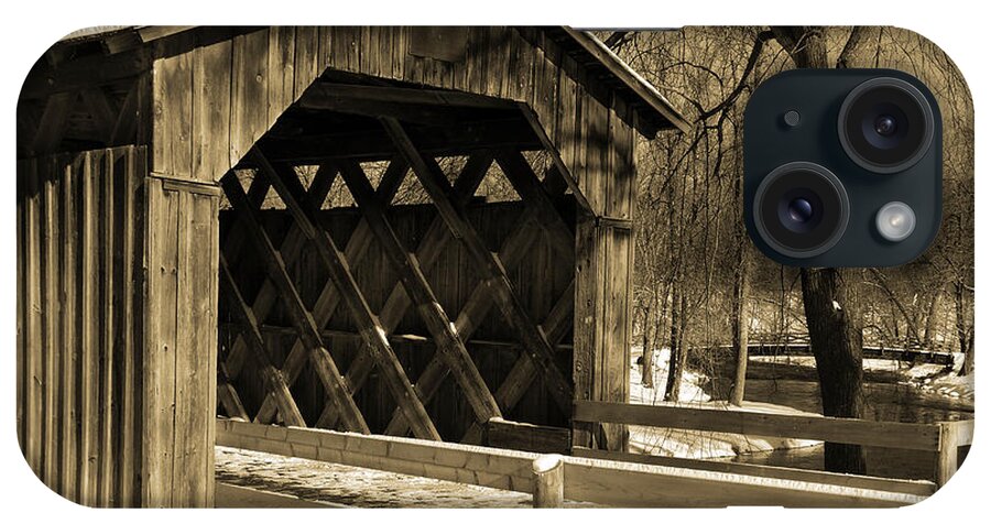 Covered Bridge iPhone Case featuring the photograph Cedarburg Covered Bridge in Winter Sepia by David T Wilkinson
