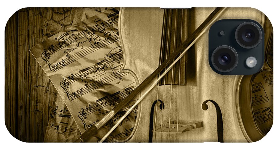 Cello iPhone Case featuring the photograph Cello Stringed Instrument with Sheet Music and Bow in Sepia by Randall Nyhof