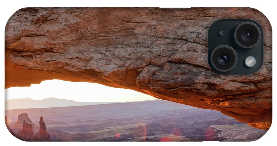 America iPhone Case featuring the photograph Center Panel 2 of 3 - Mesa Arch Sunrise Panorama - Canyonlands NP by Gregory Ballos