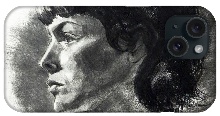 Greta Corens iPhone Case featuring the drawing Charcoal Portrait of a Pensive Young Woman in Profile by Greta Corens