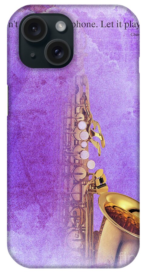 Gift For Musicians iPhone Case featuring the digital art Charlie Parker Saxophone Purple vintage poster and quote, gift for musicians by Drawspots Illustrations