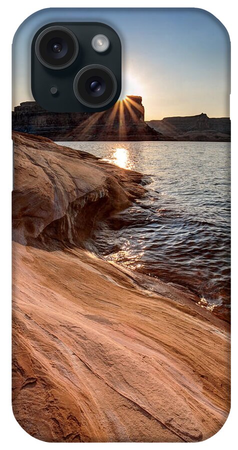 Lake; Lake Powell; Morning; Powell; Rock Formations; Sandstone; Shoreline; Sunburst; Sunrise; Sweeping Rock; Wave; iPhone Case featuring the photograph Checkered Waves and Flowing Rock by David Andersen