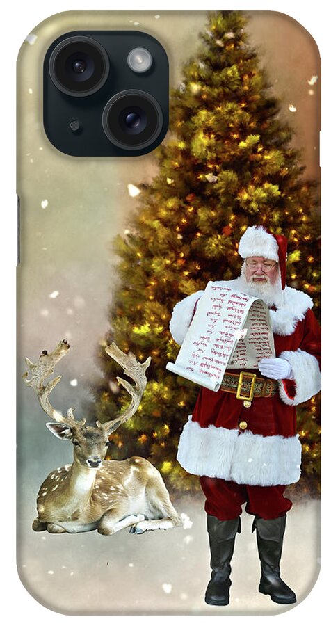 Santa; Deer; Rheindeer; Christmas; Holiday; Christmas Tree; Holiday Tree; Jolly Saint Nick; Saint Nick; Holiday; Tree; Lighted Tree; Christmas List iPhone Case featuring the photograph Checking the List by Judy Hall-Folde