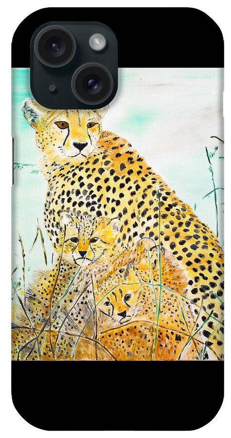 Cheetah iPhone Case featuring the painting Cheetah Family by Valerie Ornstein