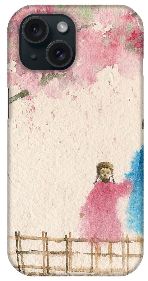 Figurative iPhone Case featuring the painting Cherry blossom tree over the bridge by Asha Sudhaker Shenoy