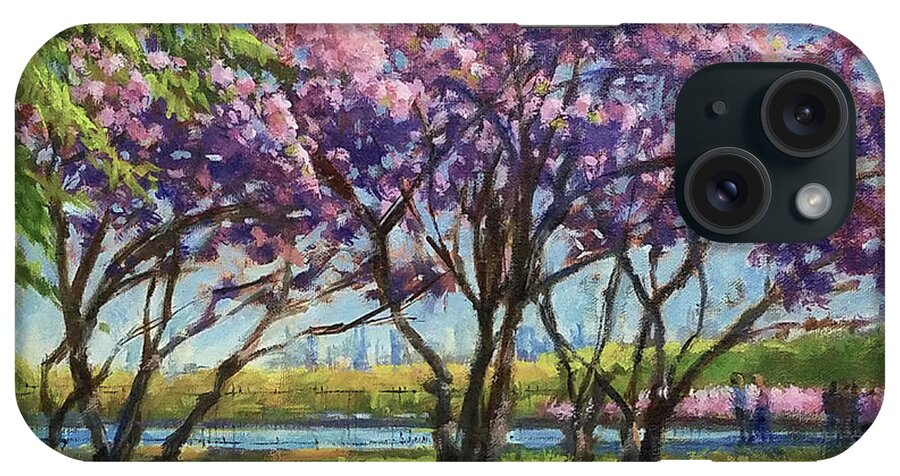 New York Landscape iPhone Case featuring the painting Cherry Blossoms, Central Park by Peter Salwen