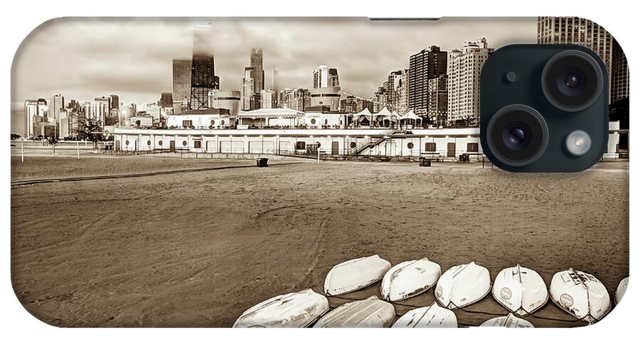 America iPhone Case featuring the photograph Chicago Skyline From the Beach - Sepia by Gregory Ballos