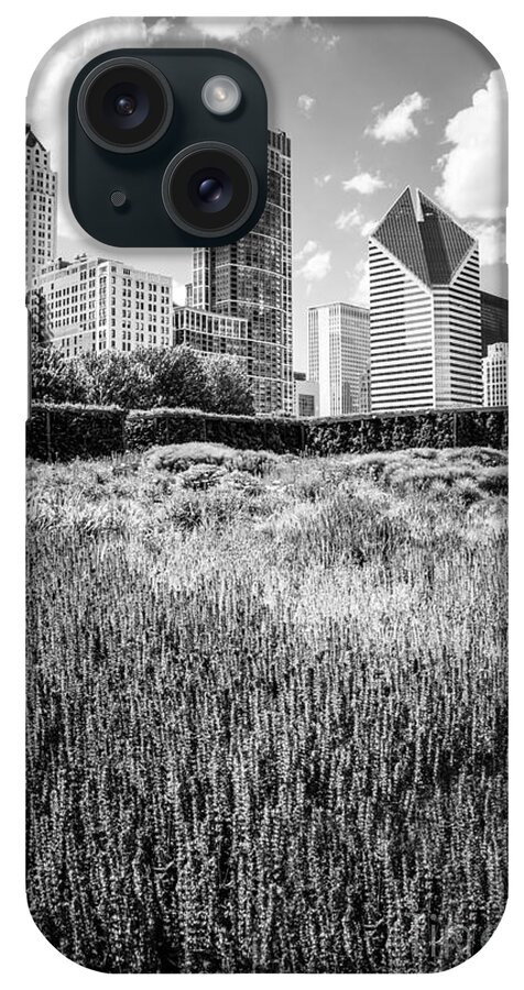 2012 iPhone Case featuring the photograph Chicago Skyline Lurie Garden Black and White Photo by Paul Velgos
