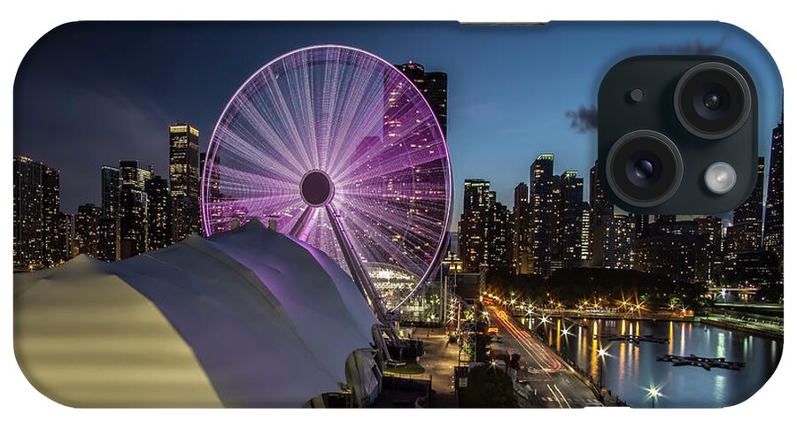 Navy Pier iPhone Case featuring the photograph Chicago Skyline with new ferris wheel at dusk by Sven Brogren