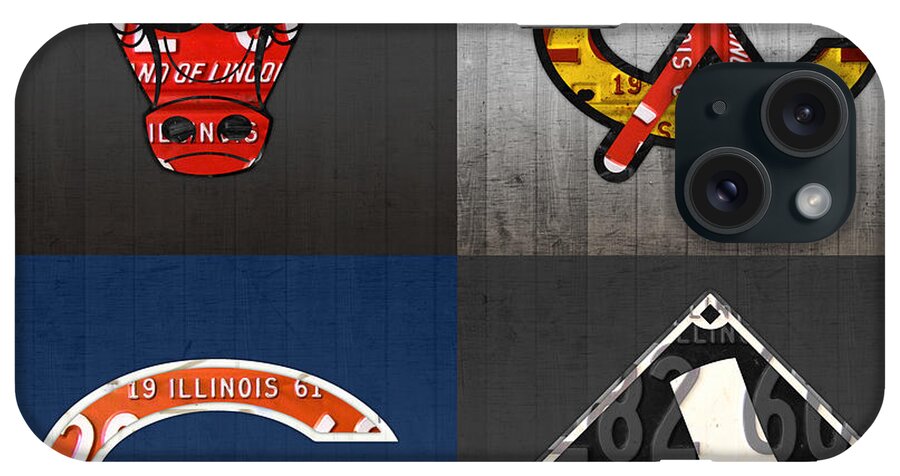 Chicago iPhone Case featuring the mixed media Chicago Sports Fan Recycled Vintage Illinois License Plate Art Bulls Blackhawks Bears and White Sox by Design Turnpike