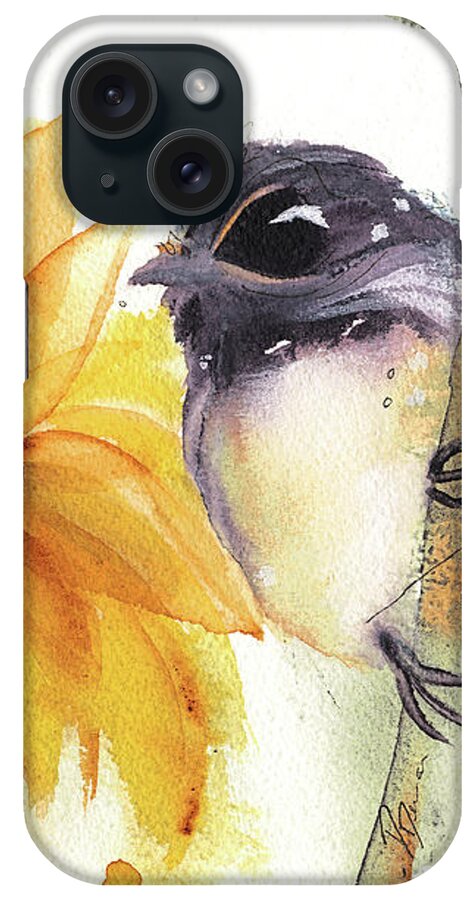 Watercolor iPhone Case featuring the painting Chickadee and Sunflowers by Dawn Derman