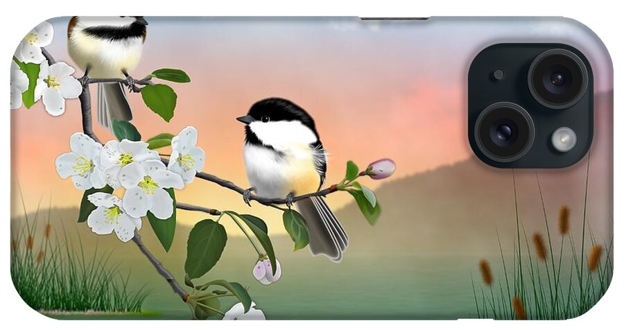 Chickadee iPhone Case featuring the digital art Chickadees and Apple Blossoms by John Wills