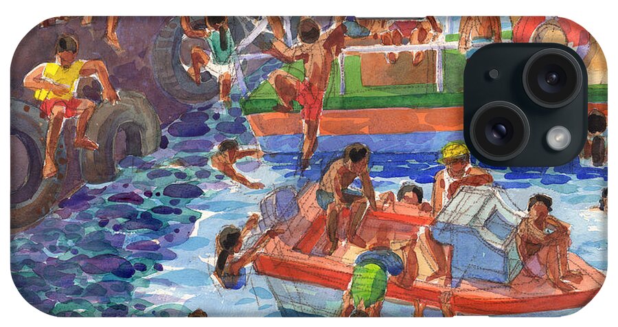 Rarotonga iPhone Case featuring the painting Children playing at Avarua Wharf by Judith Kunzle