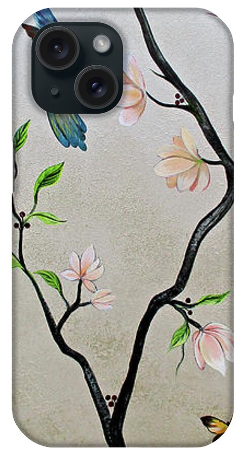 Peacock Peacocks Bird Birds Pattern Patterns Flowers Pink Green Leaf Leafy Leaves Vine Vines Ivy Plant Plants Fabric Fabrics Design Chinoiserie Panels Groupings Pheasant Flower Magnolia Golden Pheasant Butterfly Transitional Cardinal Red Bird Blue Bird Jay Peach Green Humming Bird And Blue Jay iPhone Case featuring the painting Chinoiserie - Magnolias and Birds #5 by Shadia Derbyshire