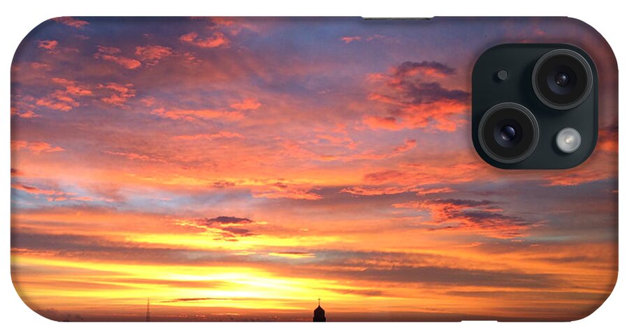 Church Steeple And City Sunrise iPhone Case featuring the photograph Church Steeple And City Sunrise by Kathy M Krause
