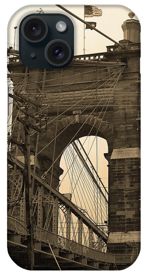 Arches iPhone Case featuring the photograph Cincinnati - Roebling Bridge 4 Sepia by Frank Romeo