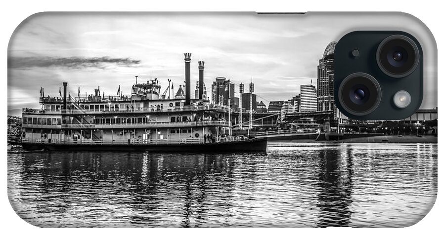 America iPhone Case featuring the photograph Cincinnati Skyline and Riverboat in Black and White by Paul Velgos