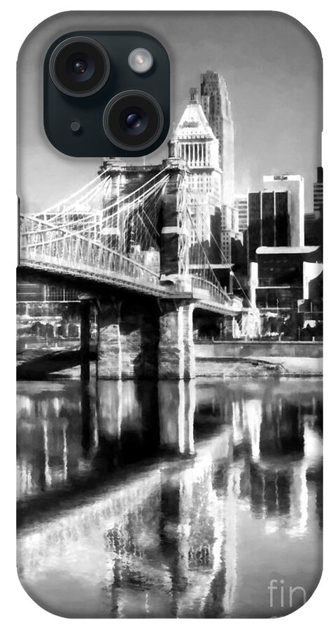 Scenes From Far And Near iPhone Case featuring the photograph Cincinnati Skyline Reflections BW by Mel Steinhauer