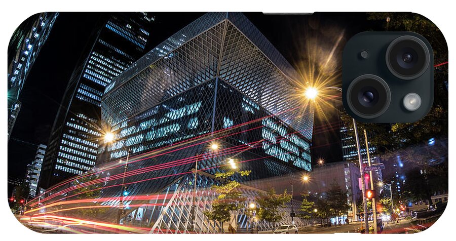 Seattle City Long Exposure Night Time-lapse Washington Cityscape Emerald City Traffic iPhone Case featuring the photograph City Streets and the Seattle Central Library by Matt McDonald