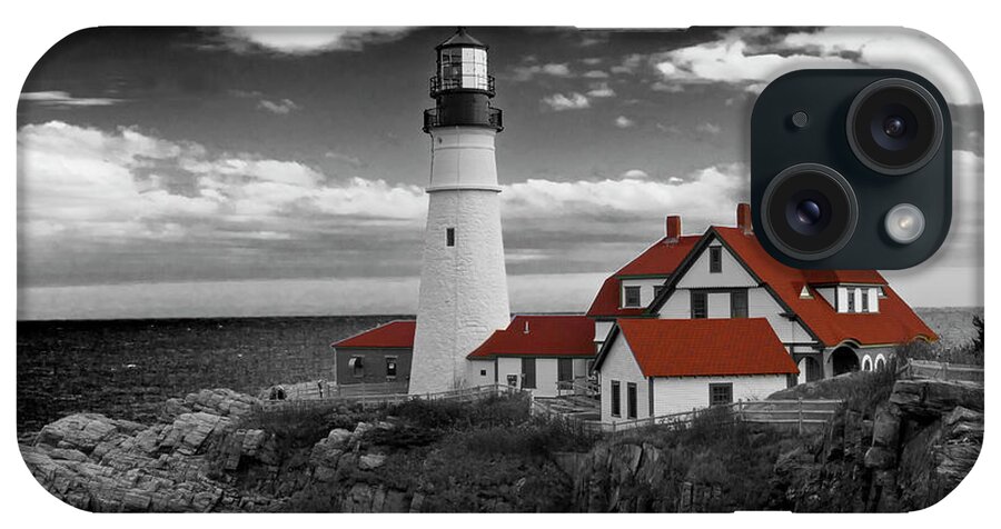 Seascape iPhone Case featuring the photograph Clouds over Portland Head Lighthouse 3 - BW by Lou Ford