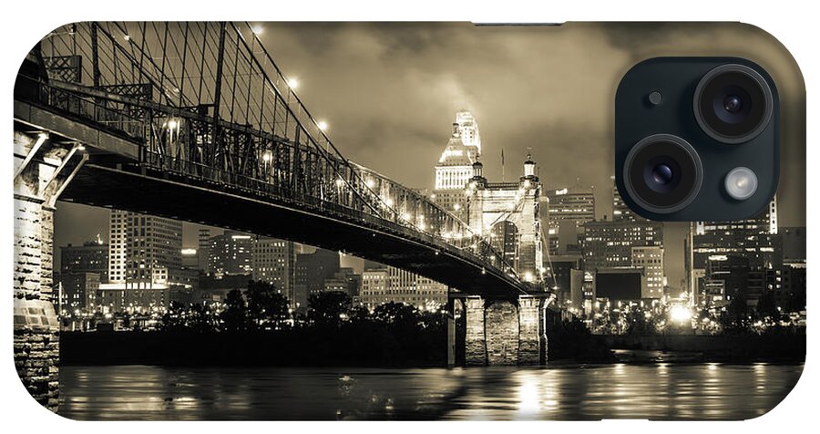 Cincinnati iPhone Case featuring the photograph Clouds over the Cincinnati Skyline - Night Cityscape - Sepia by Gregory Ballos
