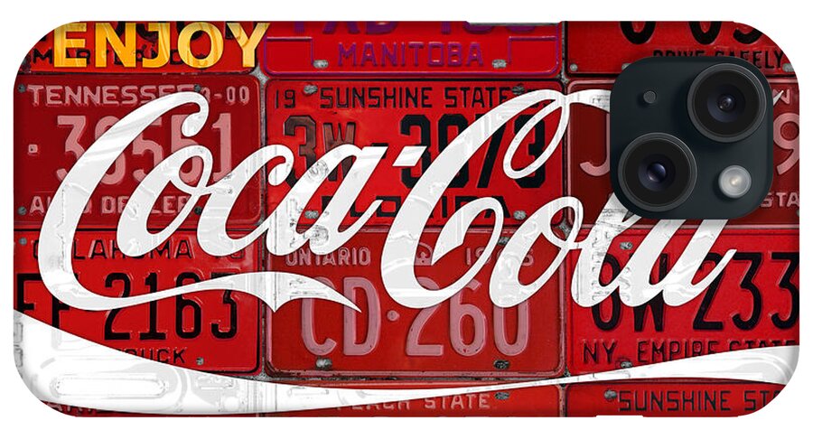 Coca Cola iPhone Case featuring the mixed media Coca Cola Enjoy Soft Drink Soda Pop Beverage Vintage Logo Recycled License Plate Art by Design Turnpike
