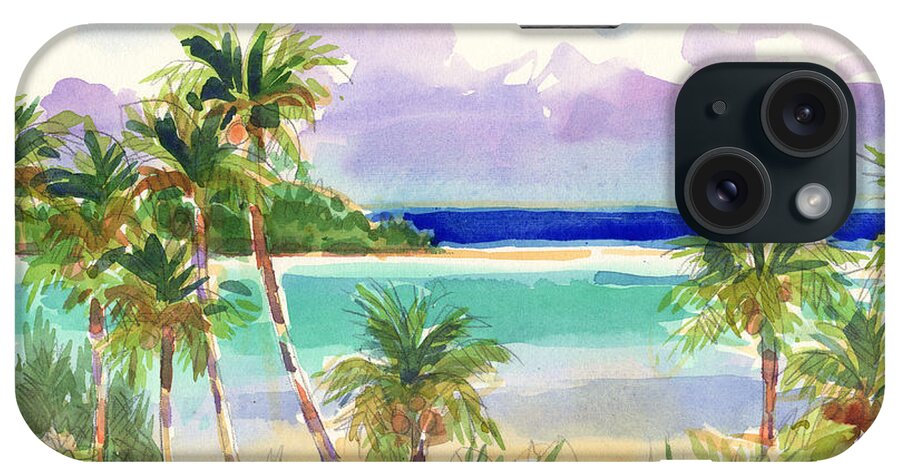 Cook Islands iPhone Case featuring the painting Coconut Palms and Lagoon, Aitutaki by Judith Kunzle