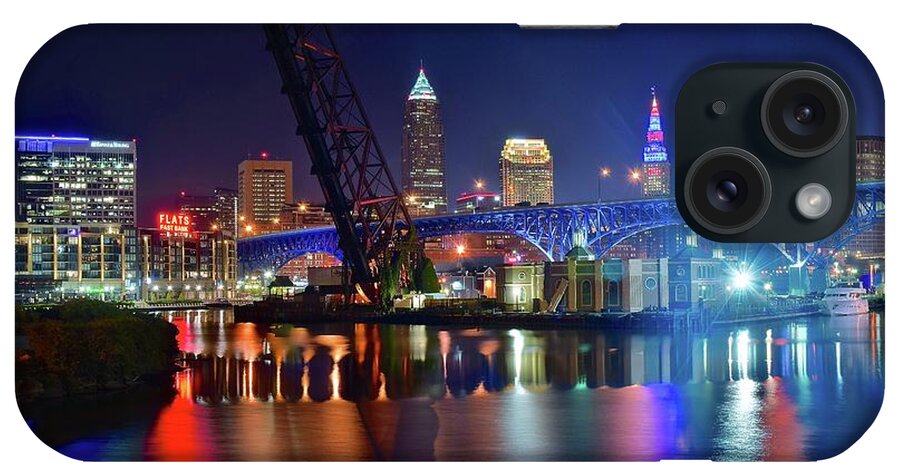 Cleveland iPhone Case featuring the photograph Colorful Cleveland Lights Shimmer Bright by Frozen in Time Fine Art Photography
