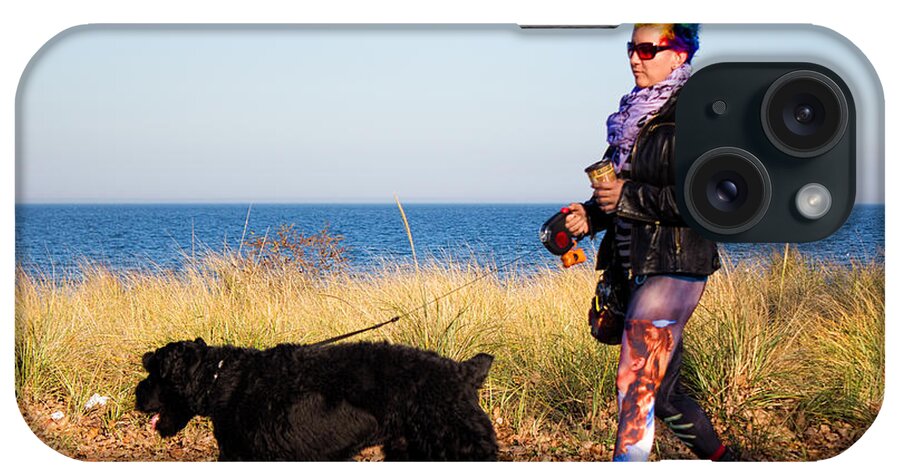 Woman Walking Dog iPhone Case featuring the photograph Colourful Autumn Beach Walk by Barbara McMahon