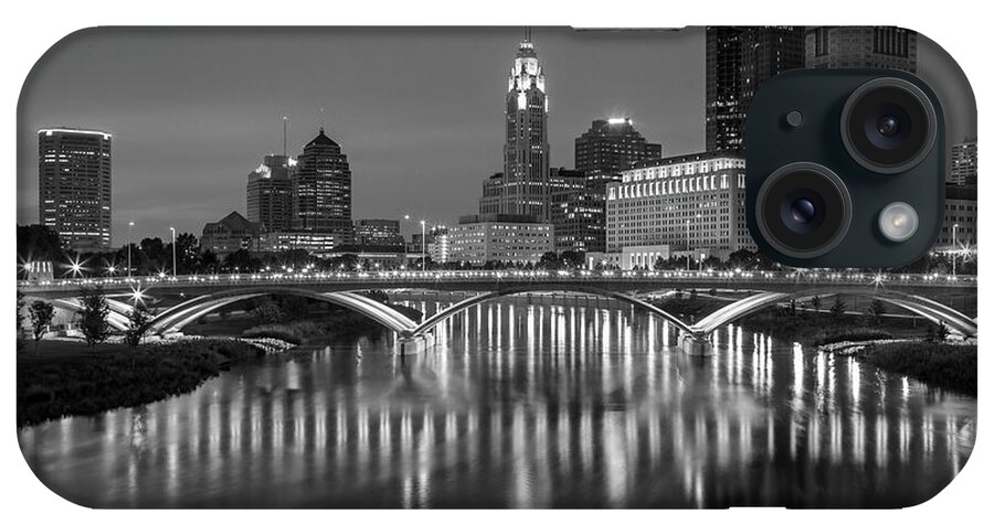 3scape iPhone Case featuring the photograph Columbus Ohio Skyline at Night Black and White by Adam Romanowicz