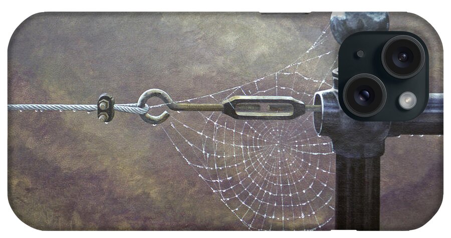 Spider Web Dew iPhone Case featuring the painting Comparative Engineering by Laurie Stewart