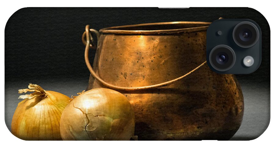 Copper Pot And Onions iPhone Case featuring the photograph Copper Pot and Onions by Frank Wilson