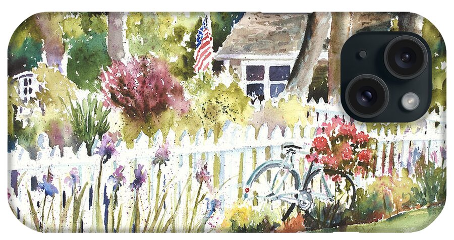 Vintage Bicycle Against Cottage And Picket Fence. Iris iPhone Case featuring the painting Corey Bike by Sandra Strohschein