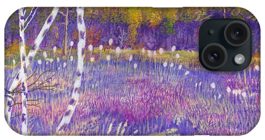 Cors Caron iPhone Case featuring the painting Cors Caron bulrushes with Purple Grasses by Edward McNaught-Davis
