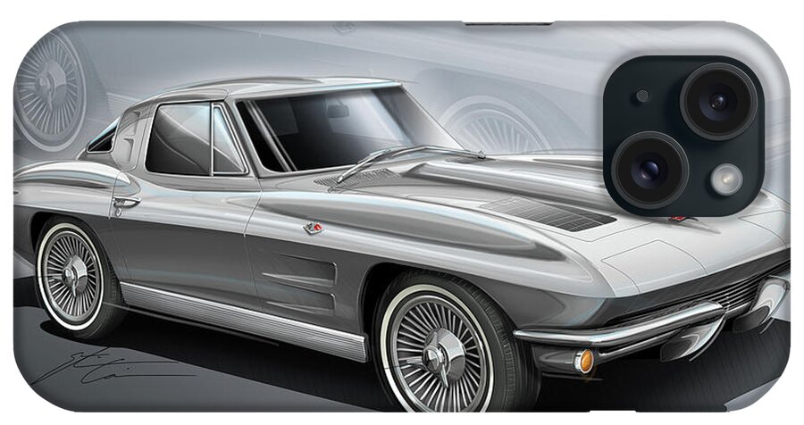 Corvette Sting Ray 1963 Silver iPhone Case featuring the digital art Corvette Sting Ray 1963 silver by Etienne Carignan