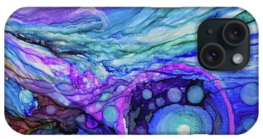 Cosmic Cosmos Galaxy Nebula Comet Stars Universe Space Purple Blue Turquoise Orange Green Fuchsia Iridescent Swirls Mystical Mystery Mysterious iPhone Case featuring the painting Cosmic Encounter by Brenda Salamone