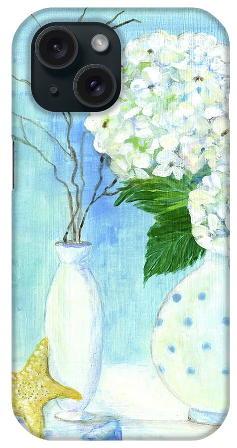 White Hydrangeas iPhone Case featuring the painting Cottage at the Shore 2 White Hydrangea Bouquet w Sea Glass and Starfish by Audrey Jeanne Roberts
