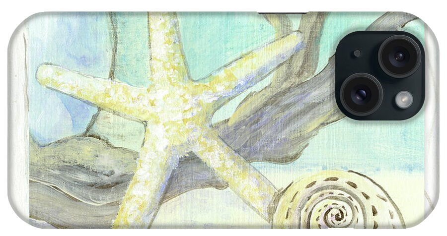 White Fingered Starfish iPhone Case featuring the painting Cottage at the Shore 7 Starfish Driftwood and Seashell over Wood by Audrey Jeanne Roberts