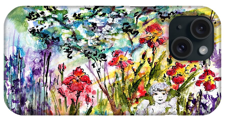 Garden iPhone Case featuring the painting Cottage Garden Angel and Irises by Ginette Callaway