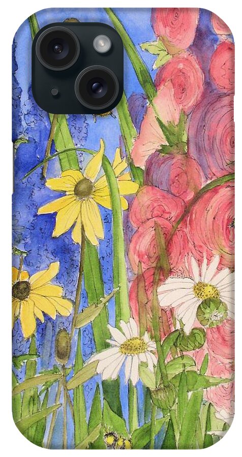 Watercolor iPhone Case featuring the painting Cottage Garden Daisies and Blue Skies by Laurie Rohner