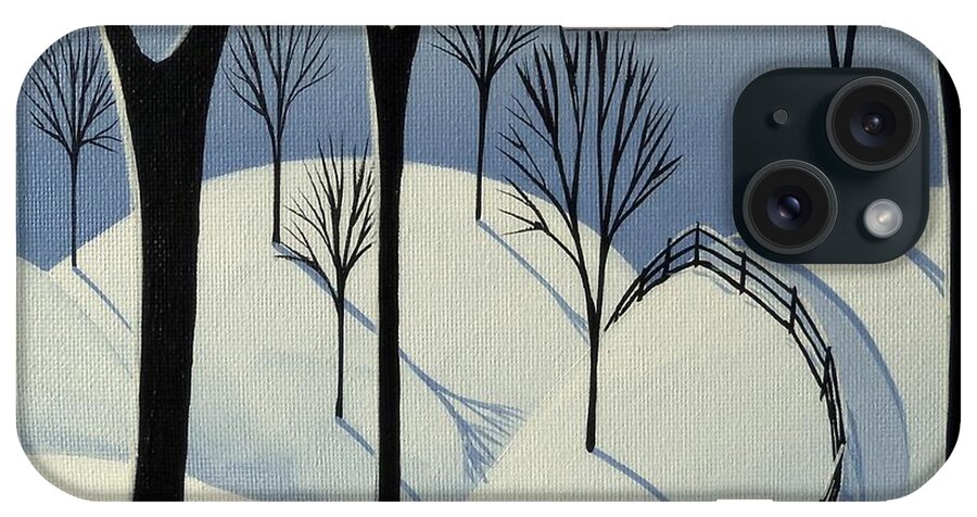 Folk Art iPhone 15 Case featuring the painting Country Winter Road - horse snow folk art by Debbie Criswell