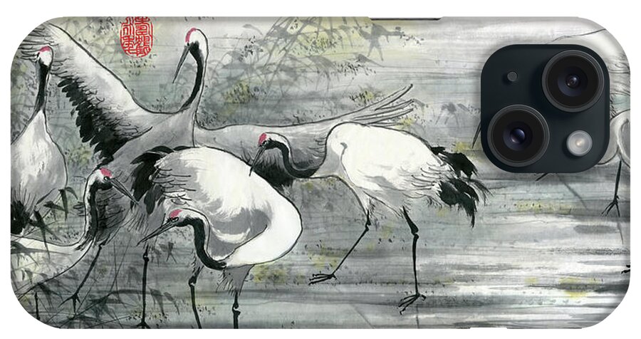 Red-crowned Crane iPhone Case featuring the painting Cranes - 11 by River Han