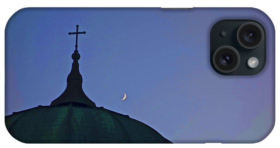 Photo Catholic Cross On Top Of Church With Moon In Sky iPhone Case featuring the photograph Cross and Moon by Joan Reese