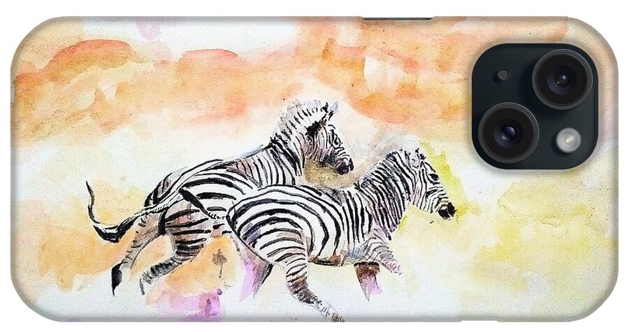 Zebra iPhone Case featuring the painting Crossing the river. by Khalid Saeed